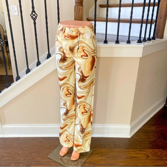 NWT ZARA Mid Rise Straight Leg Brown Swirl Jeans, size 0 - Picture 2 of 13